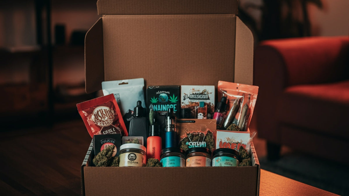a box full of nine realms cannabis 10-oh-hhc products in the living room