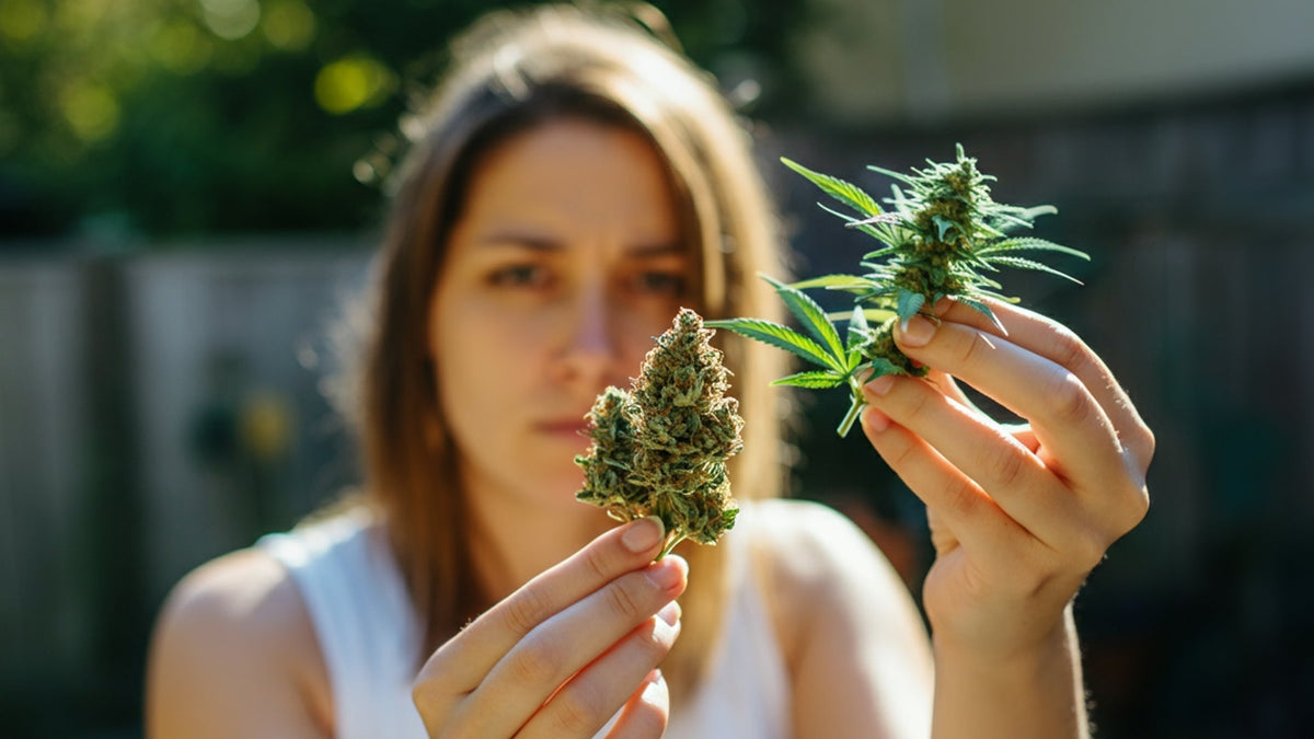 woman comparing two nine realms cannabis flowers in the garden