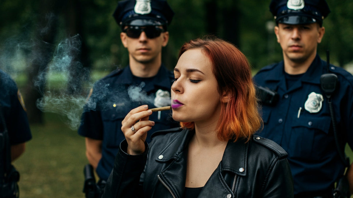 Woman smoking nine realms 10-oh-hhc joint in front of police