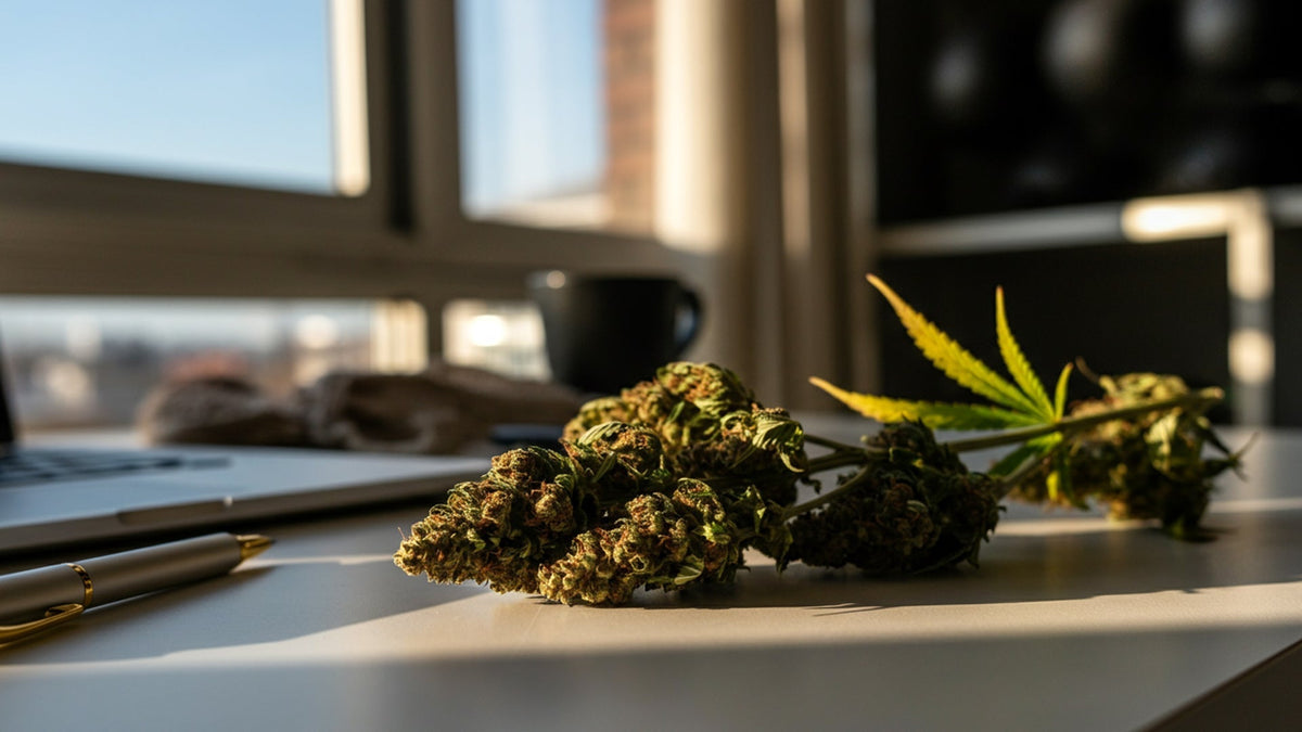 nine realms office with cannabis flower buds on a table