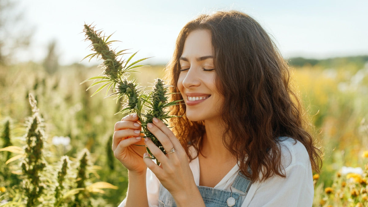 woman smelling nine realms cannabis flower in the field
