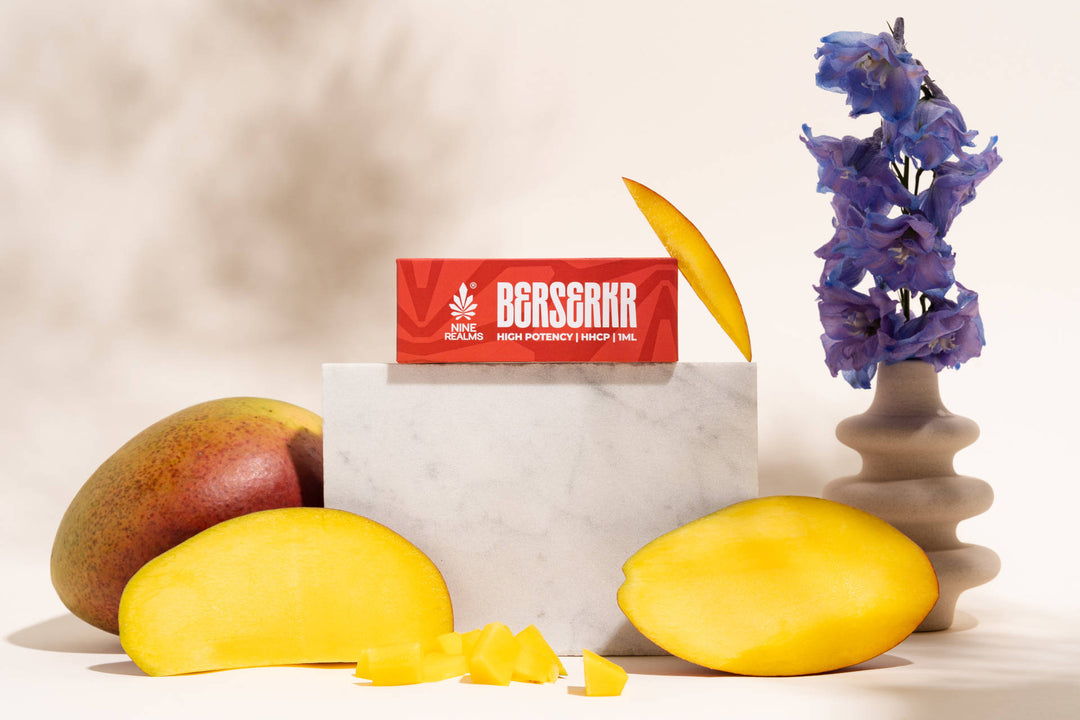 Premium Nine Realms Berserkr HHCP vape cartridge with 1 ml mango flavour