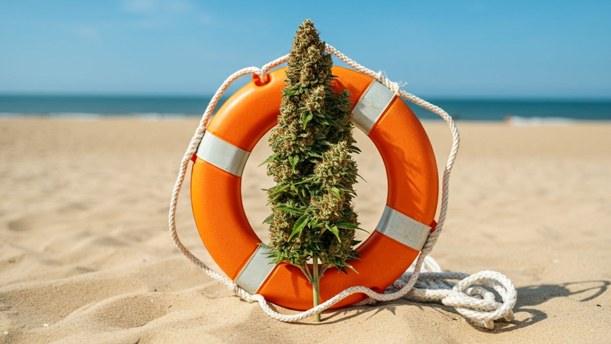 nine realms cannabis flower in the beach next to a life ring