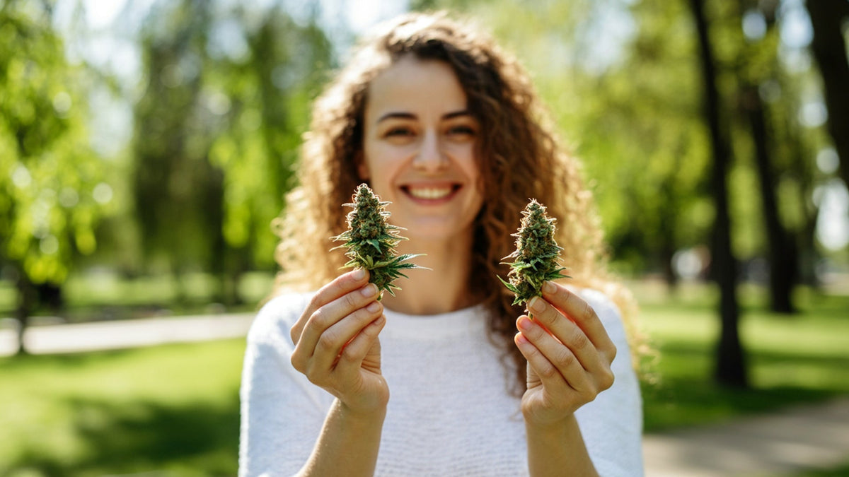 woman holding nine realms hhc and 10 oh hhc flower buds