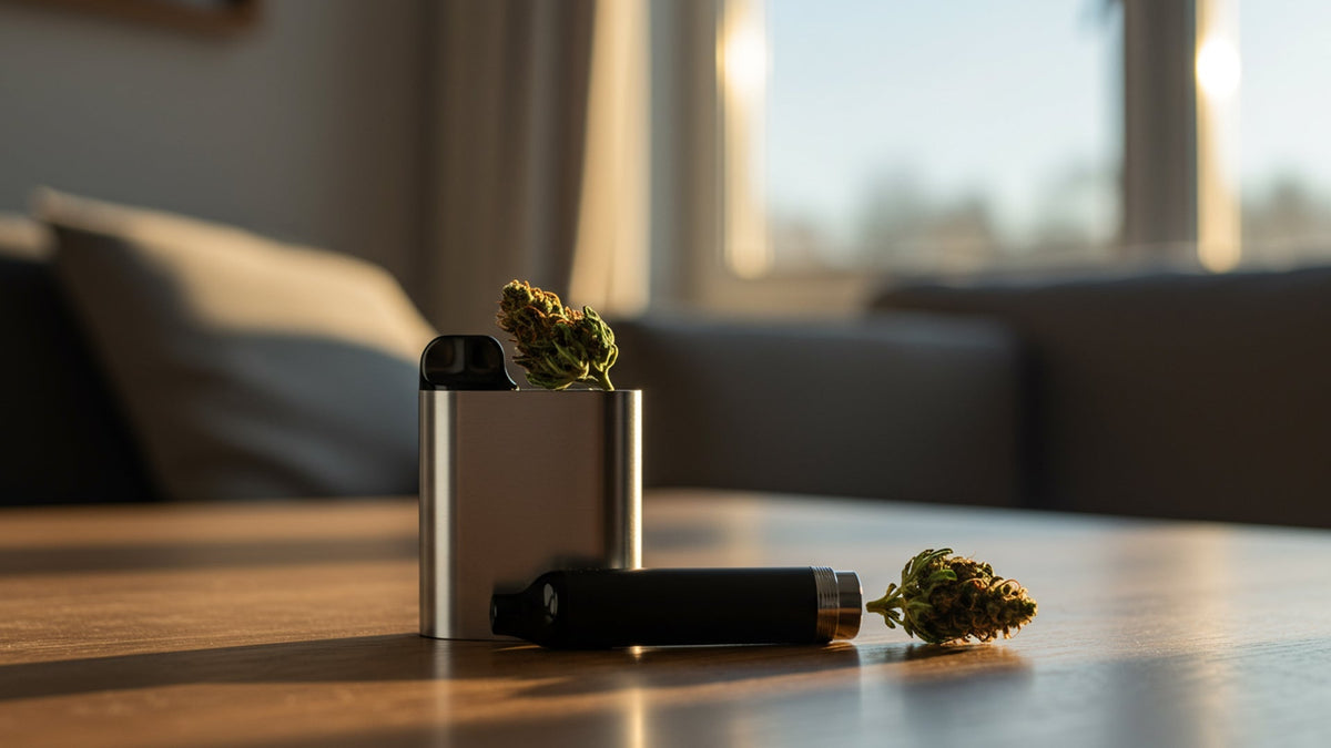Nine Realms 10-OH-HHCP vape with cannabis flower buds on the table in the living room