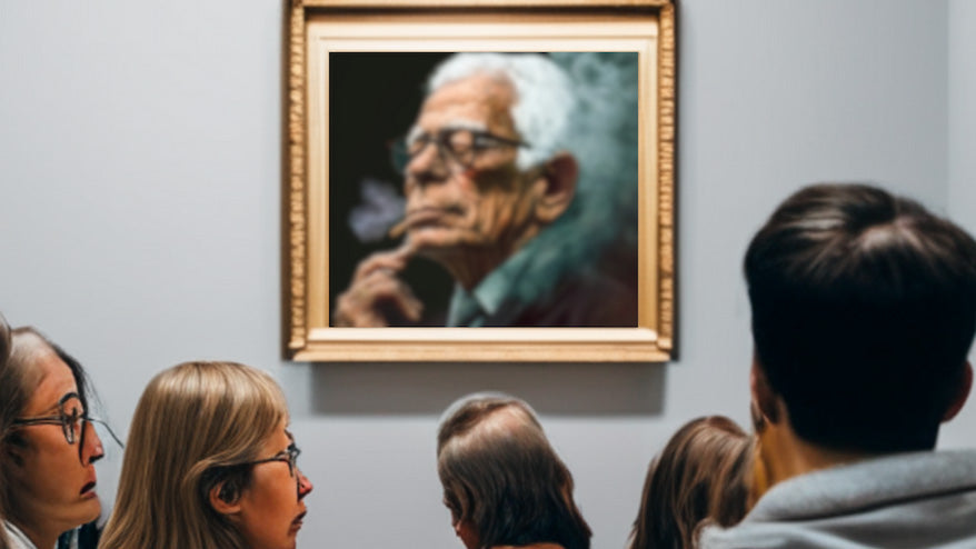 an ai painting depicting Josep Borrel and art enthusiasts gathered around in admiration