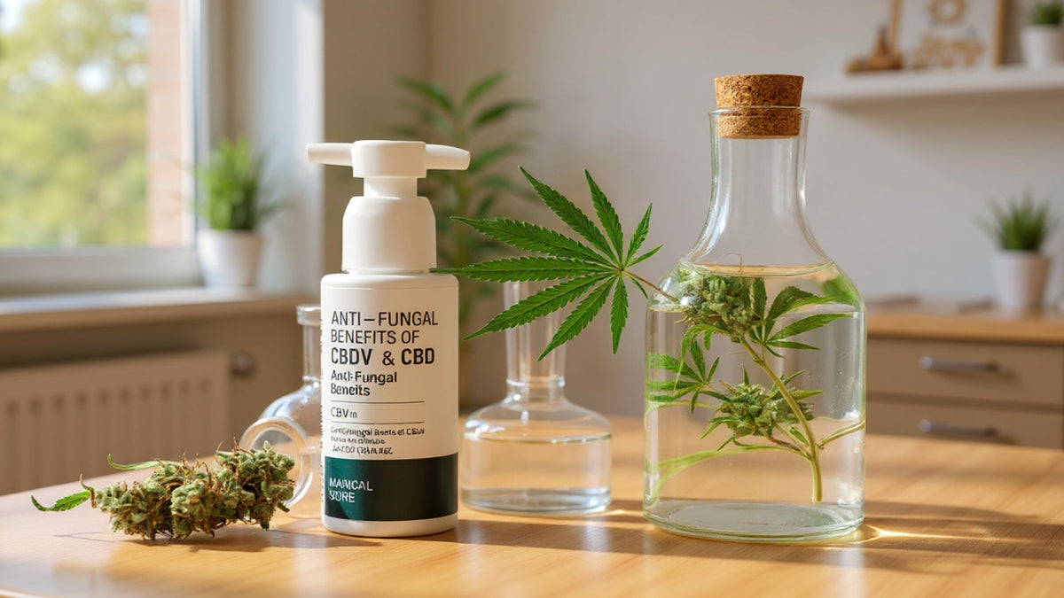 nine realms CBD flower on the table with glass bottles and a plastic container