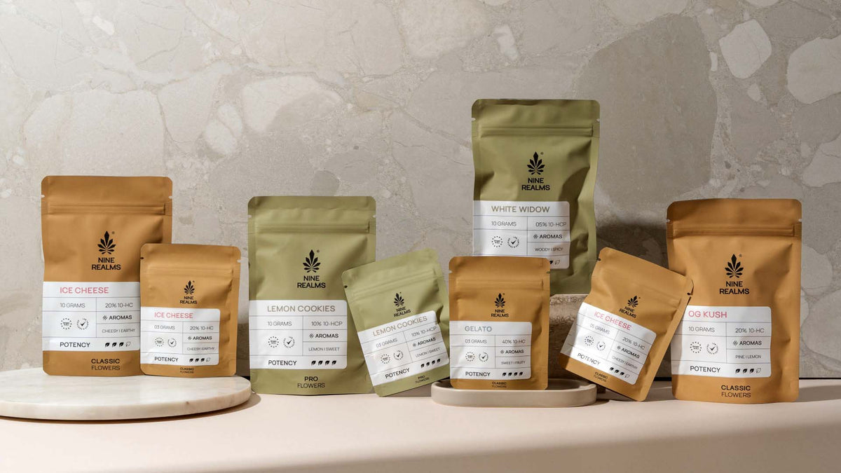 Different nine realms THCP products on a concrete table