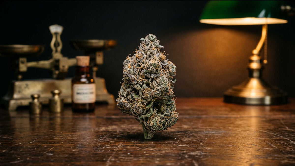 Highly detailed bubba kush strain with trichomes from Nine Realms on a wooden table with a green table lamp in the background