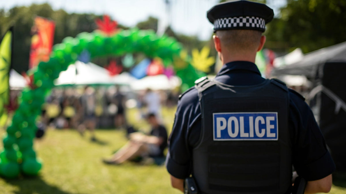 Police man looking at a cannabis festival from a distance, that is hosted by Nine Realms