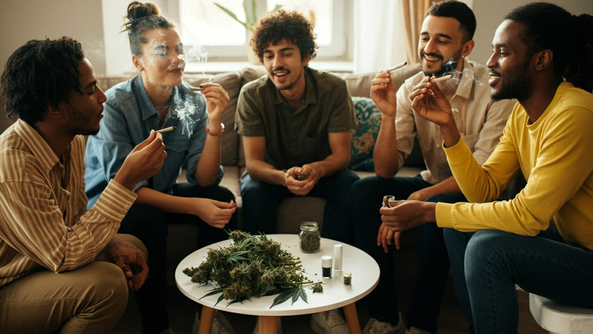 Group of friends smoking nine realms cannabis flower in the living room
