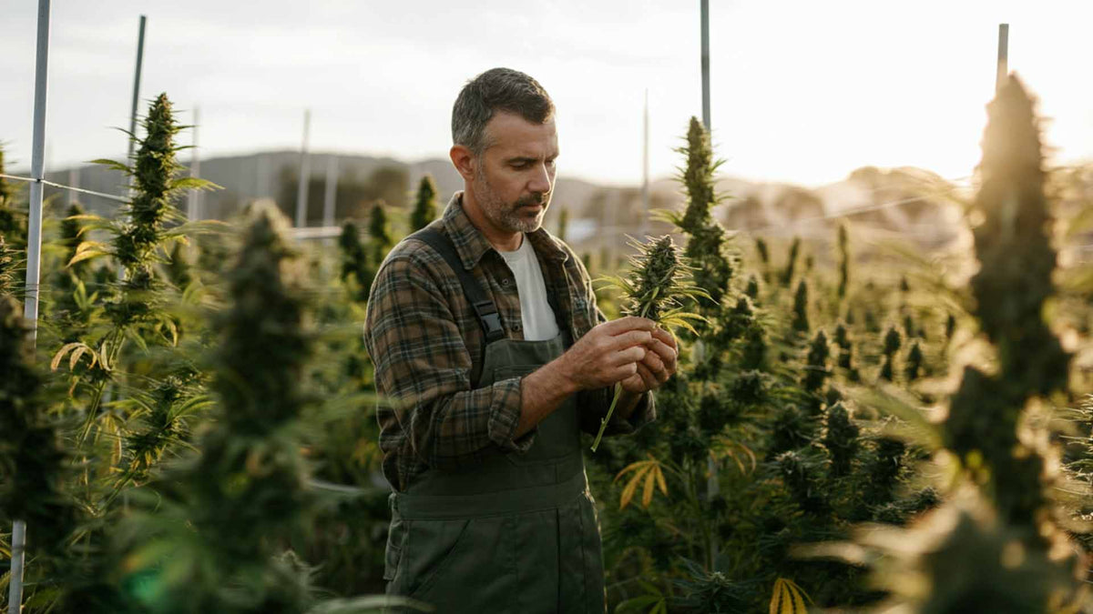 a man looking at Nine Realms cannabis ready to harvest in a farm