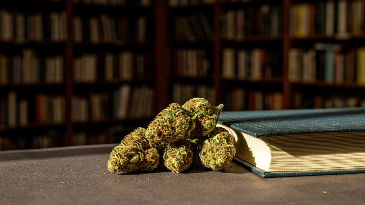 nine realms CBD flower buds in a library