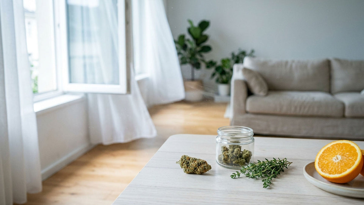 Nine Realms T9HC weed smell in a glass jar on a table