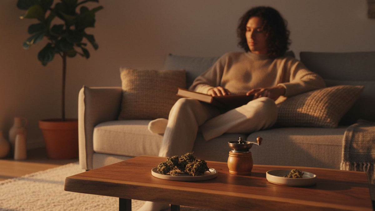 Man sitting on a couch with Nine Realms CBDP flower buds on a wooden table