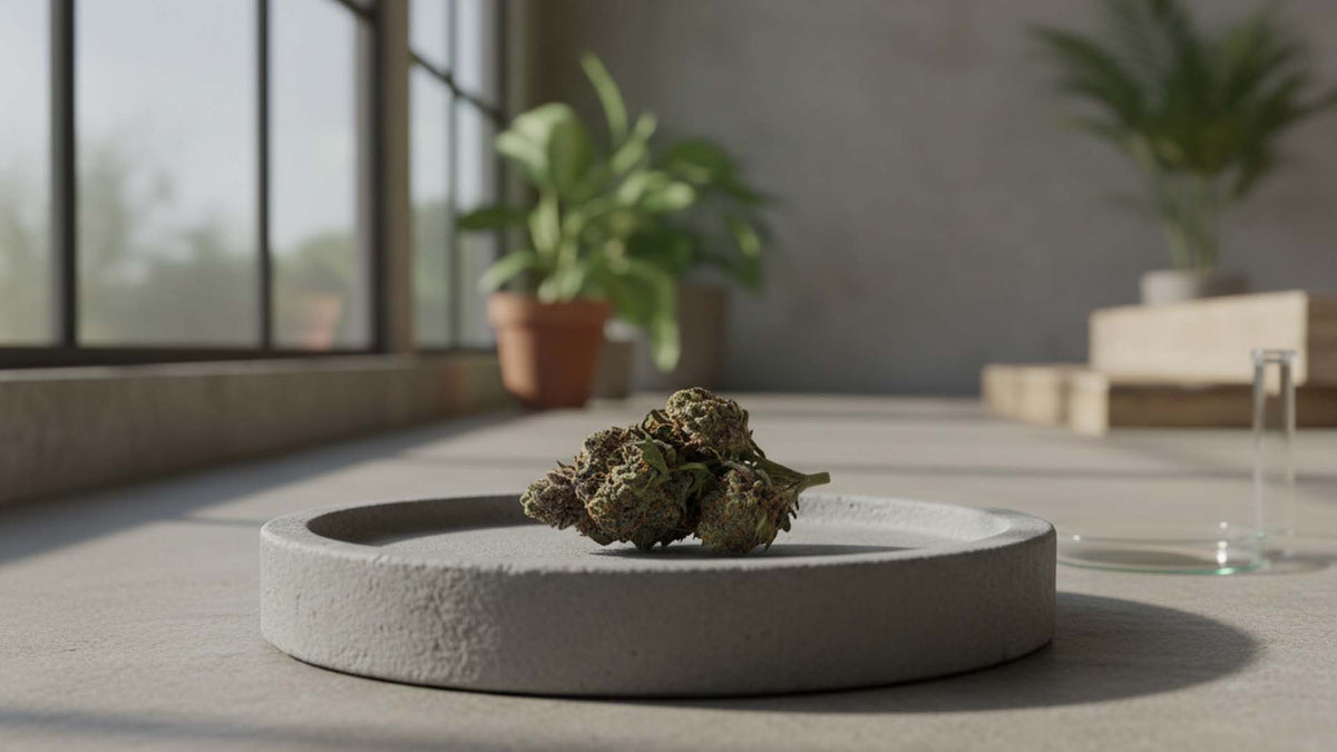 CBDX flower on a stone tray in the living room in the Nine Realms office