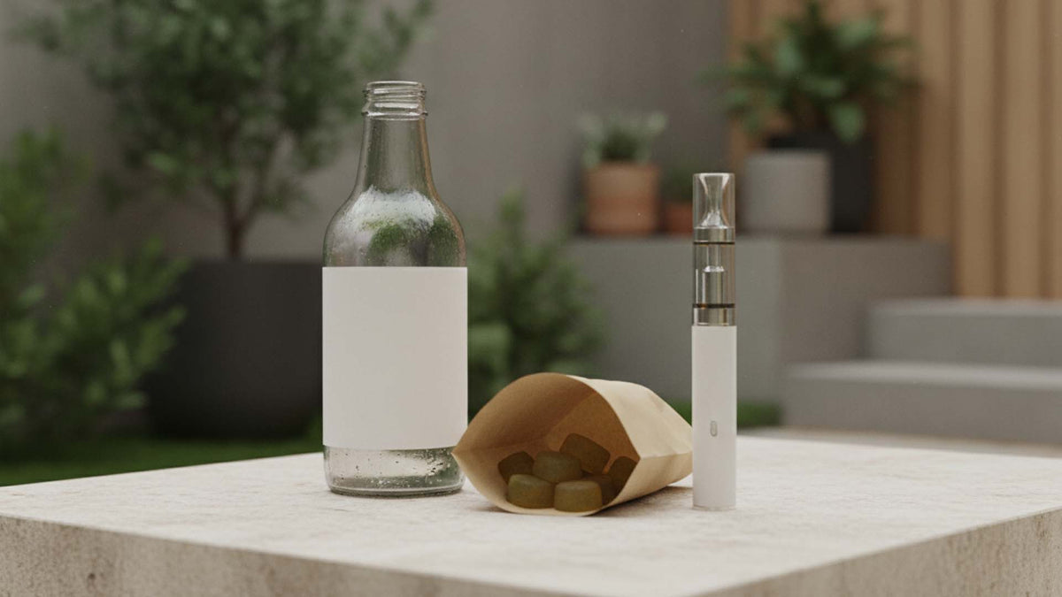 Different CBDX products on a stone table in Nine Realms office