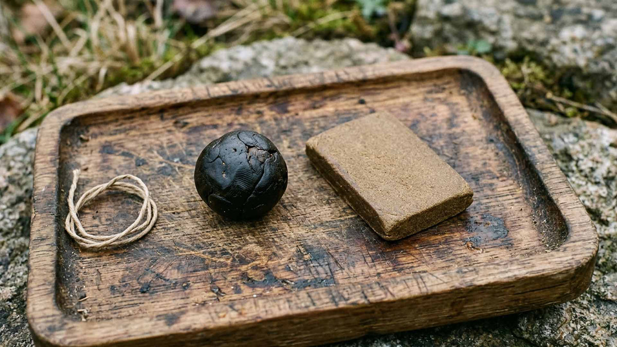 Nine Realms Charas and Hash on a wooden rolling tray in the nature