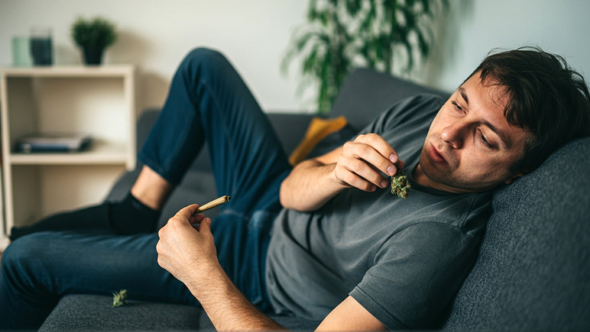 Man laying on the couch with a nine realms pre-roll joint