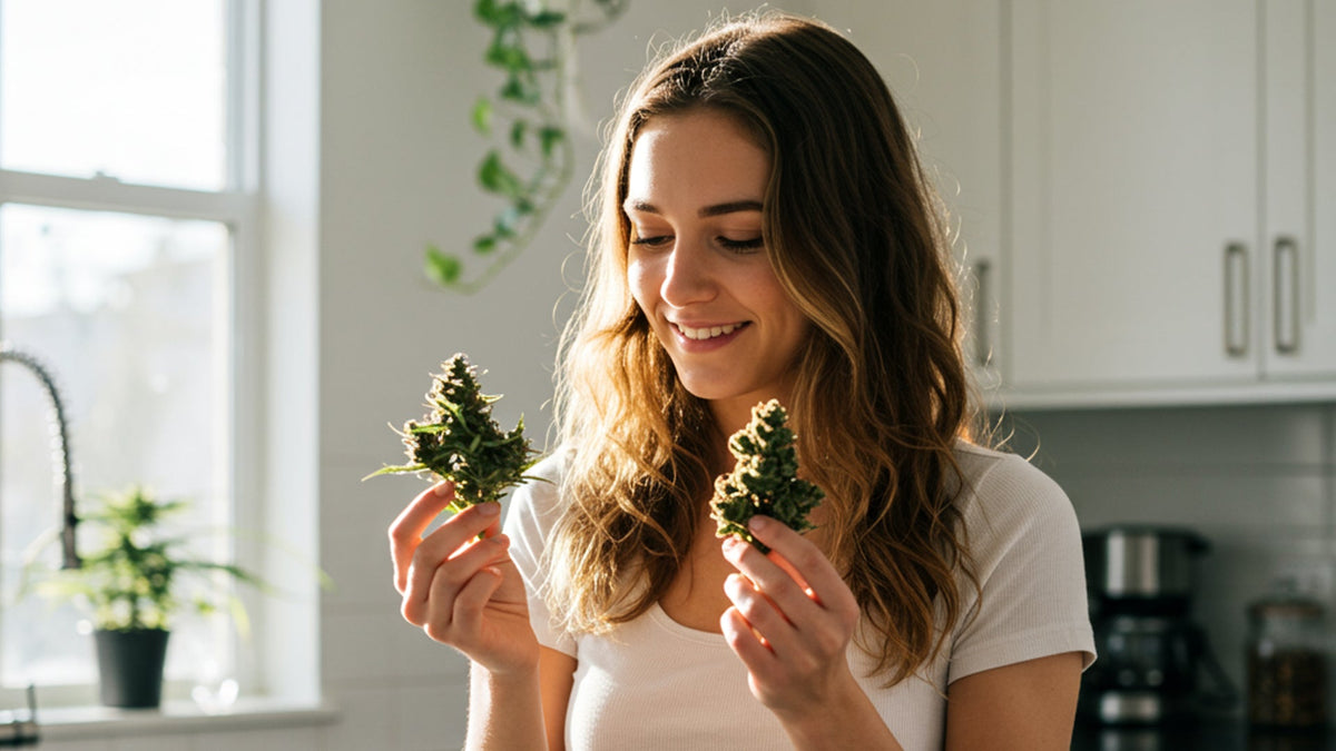 woman holding two different nine realms cannabis flower buds in her hands