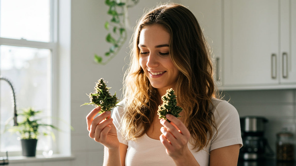 woman holding two different nine realms cannabis flower buds in her hands
