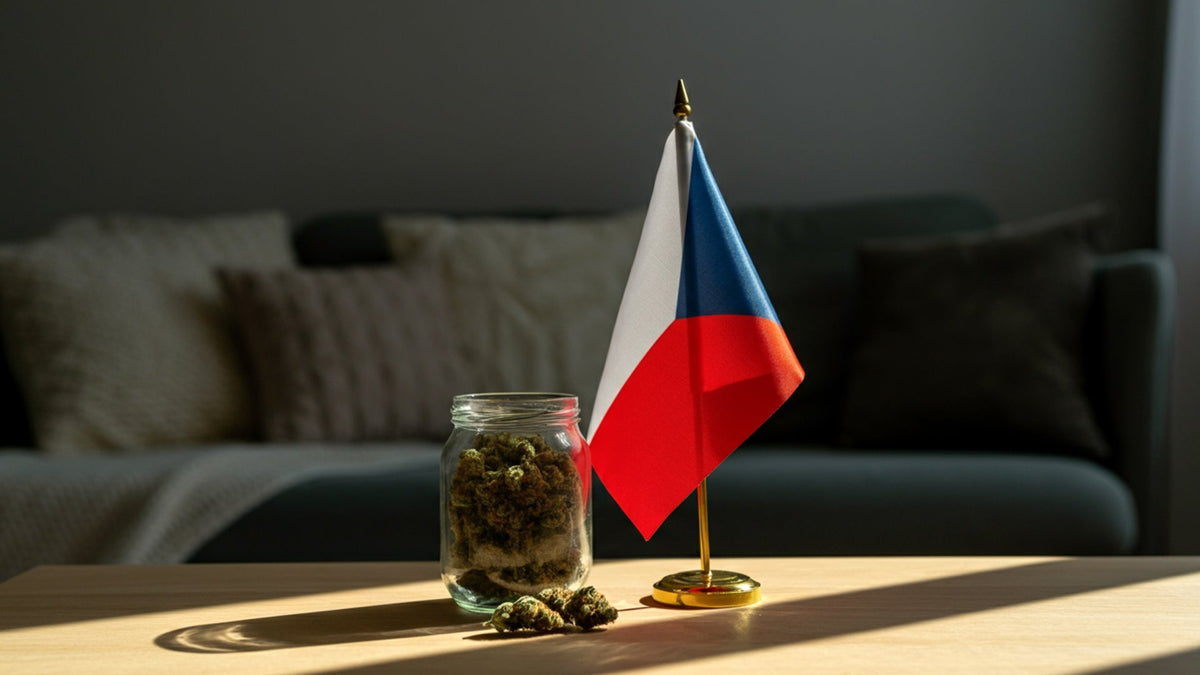 nine realms cannabis flower in a glass jar with Czech flag next to it