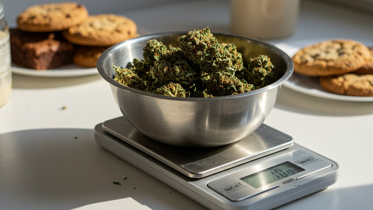 Nine realms cannabis flower buds in a metal bowl, placed on scales, in the kitchen, with cookies in the background