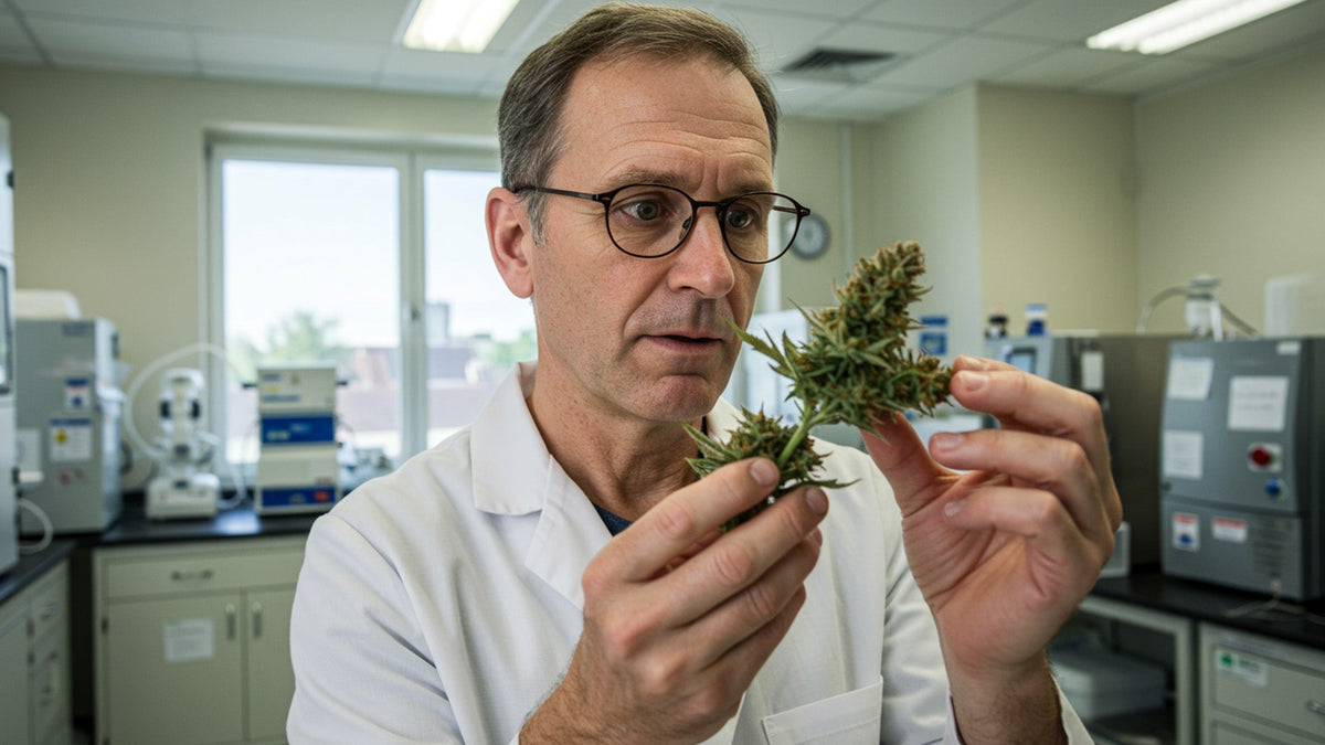 Scientist looking at nine realms THCP cannabis flower bud in the laboratory