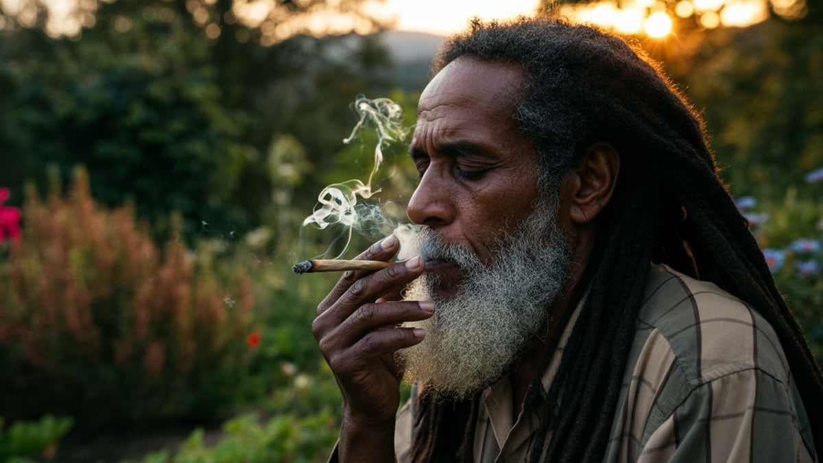 Ancient rastafar man smoking a nine realms joint in the garden