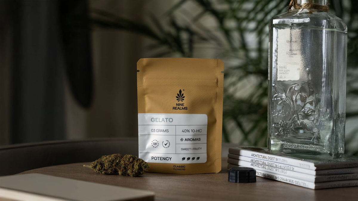 Nine Realms Gelato strain cannabis flower product on a table in the living room