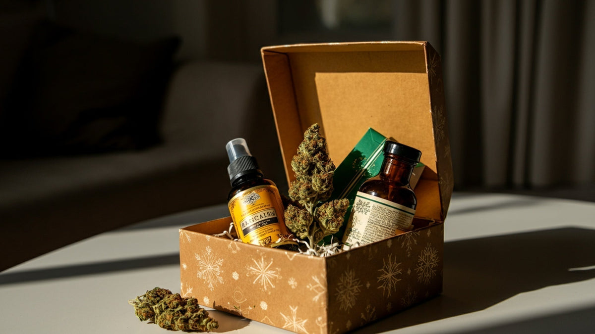 nine realms cannabis gift box full of products on a table
