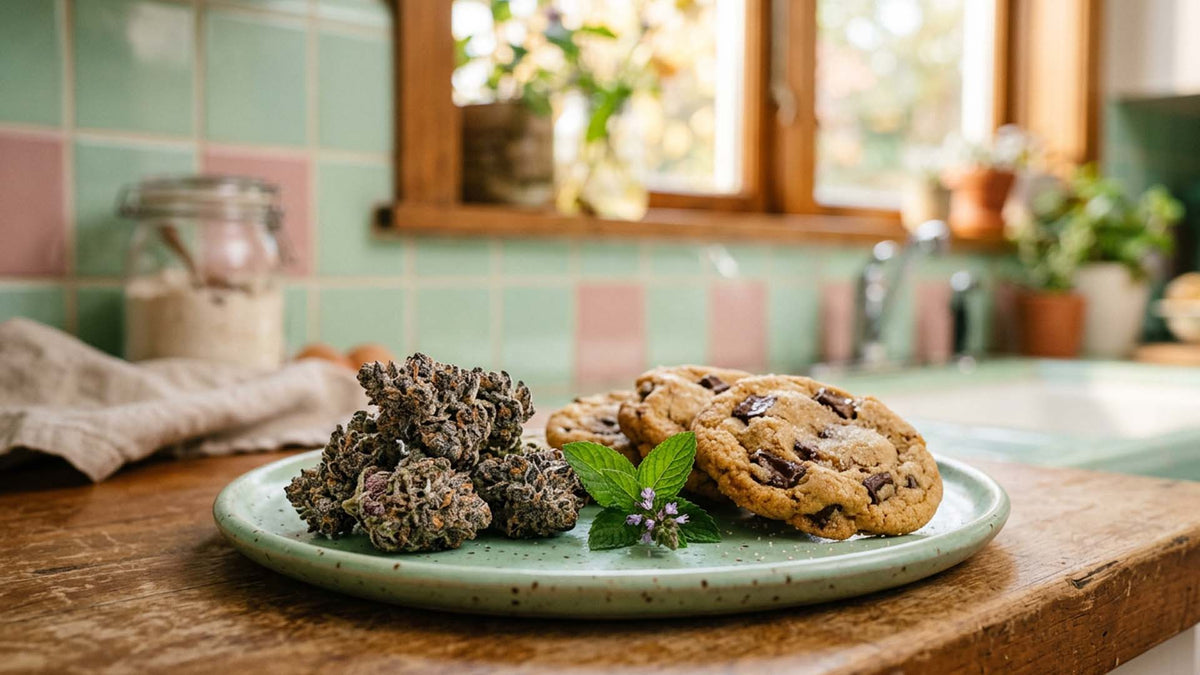 girl scout cookies strain buds by Nine Realms on a green plate next to cookies