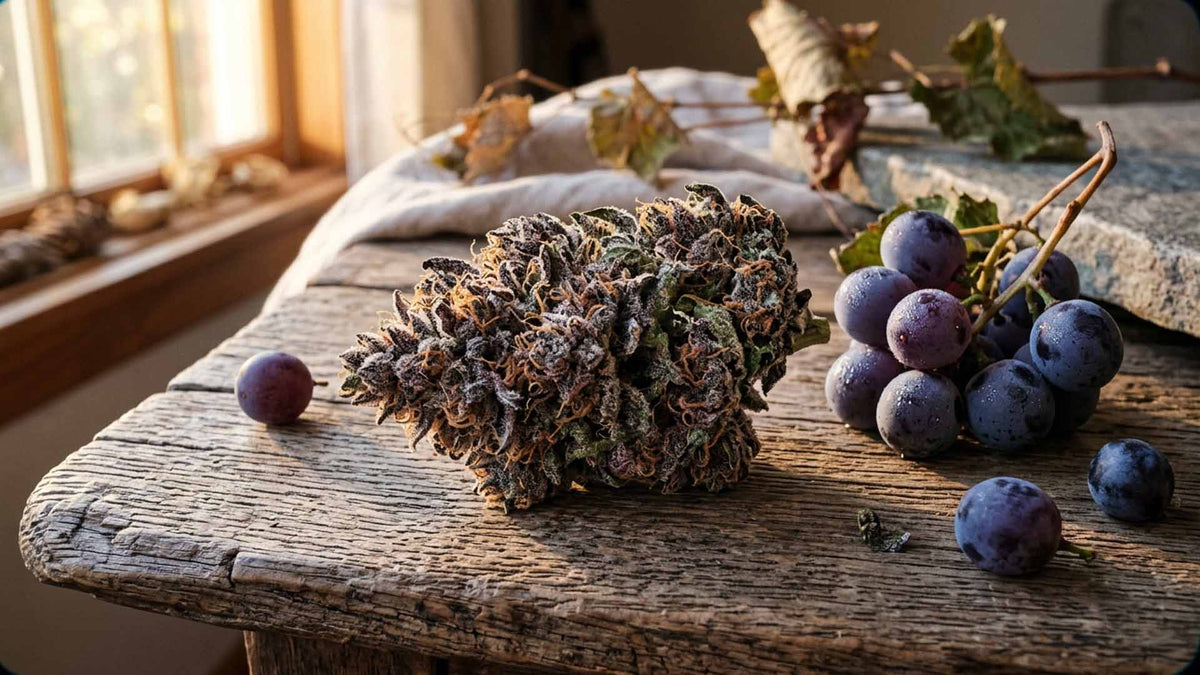 Nine Realms Granddaddy Purple flower bud on a wooden table with grapes next to it