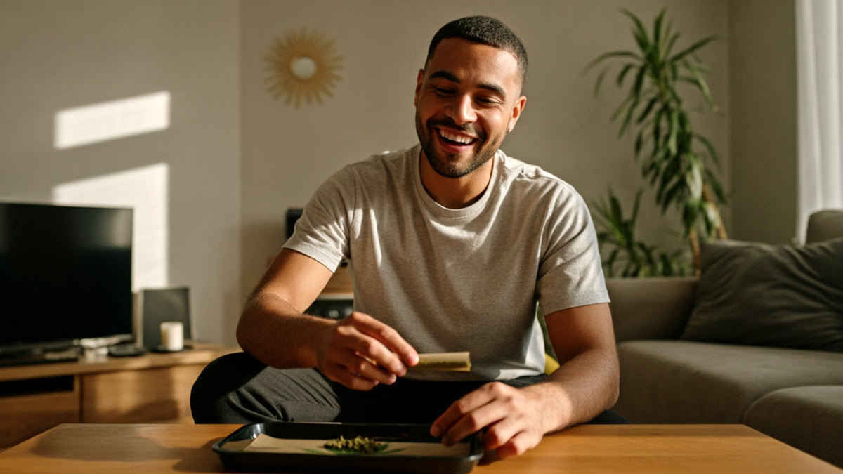 man rolling nine realms hashish in a joint