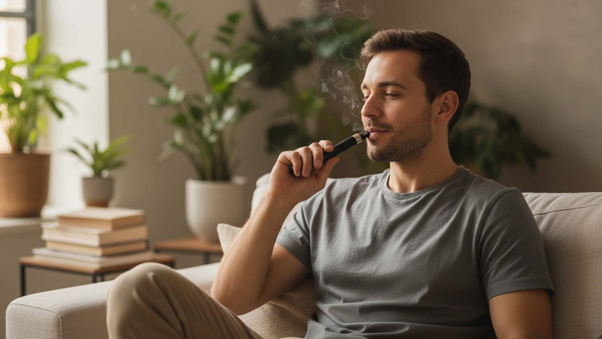 Young man enjoying Nine Realms HHC-A disposable vape in the living room