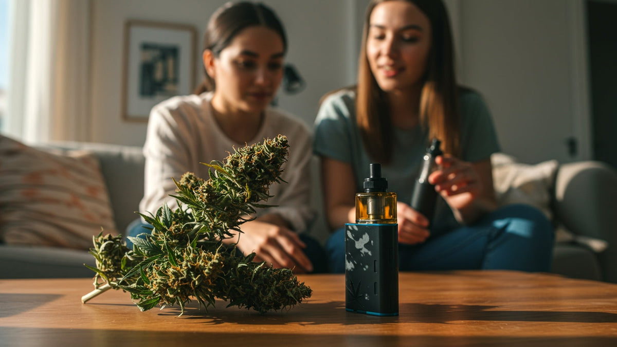 Two women sitting next to a table with nine realms HHC vape and flower bud on it