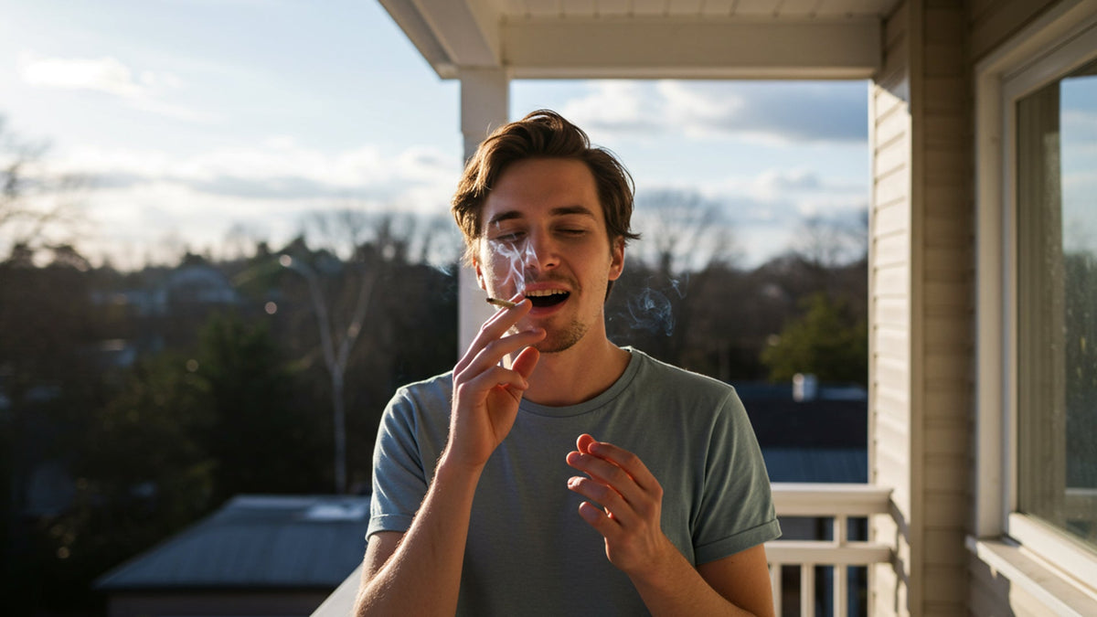 German Man smoking a nine realms cannabis joint on the balcony
