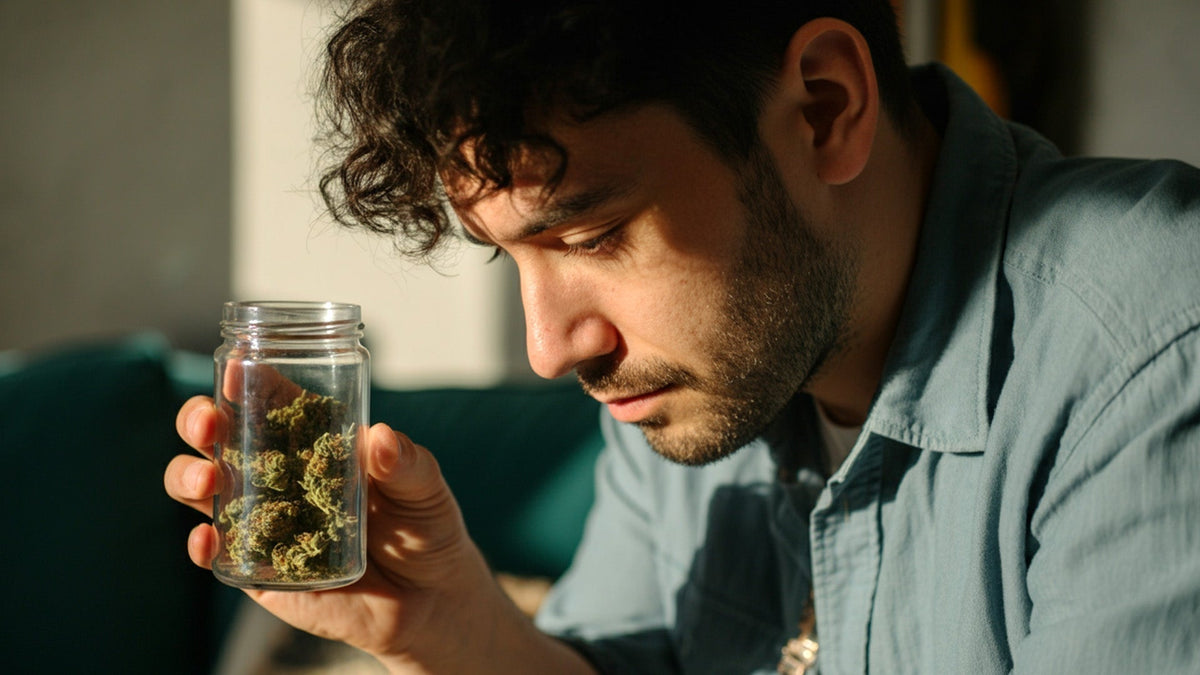 man looking at nine realms HHC cannabis flower