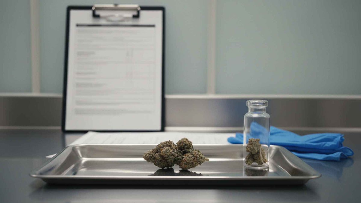 THP420 cannabis flower on a metal tray in Nine Realms laboratory