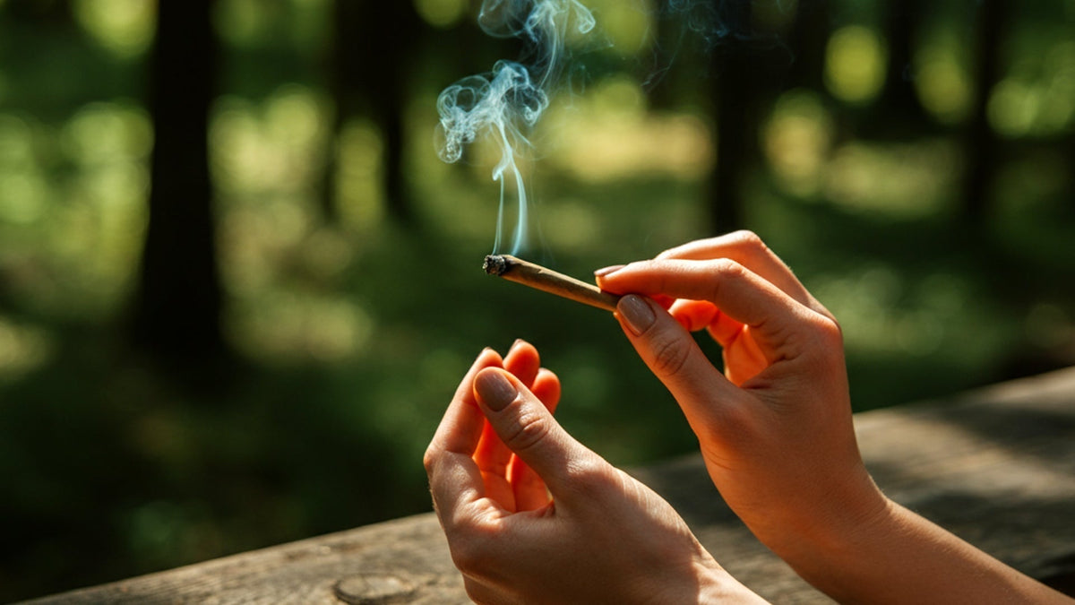 nine realms customer holding a joint that goes out in the forest