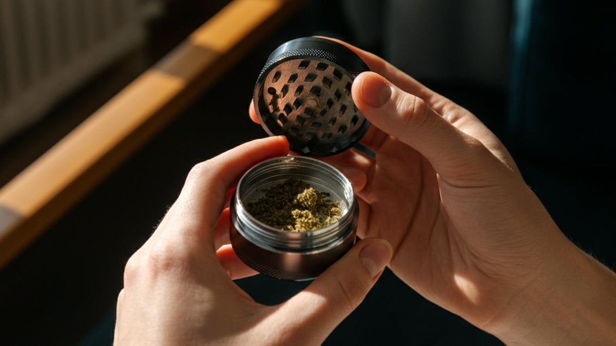 Nine Realms cannabis flower kief in a grinder