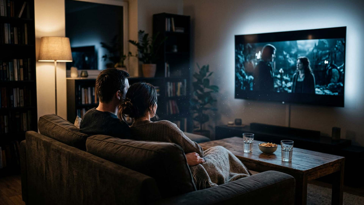 Nine Realms customers relaxing on a couch in a living room and watching a movie on a TV