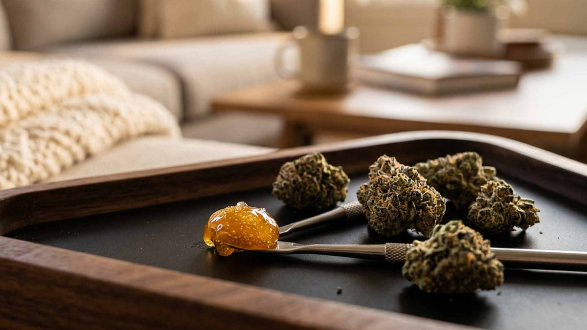 Nine Realms THC wax on a modern rolling tray in the living room