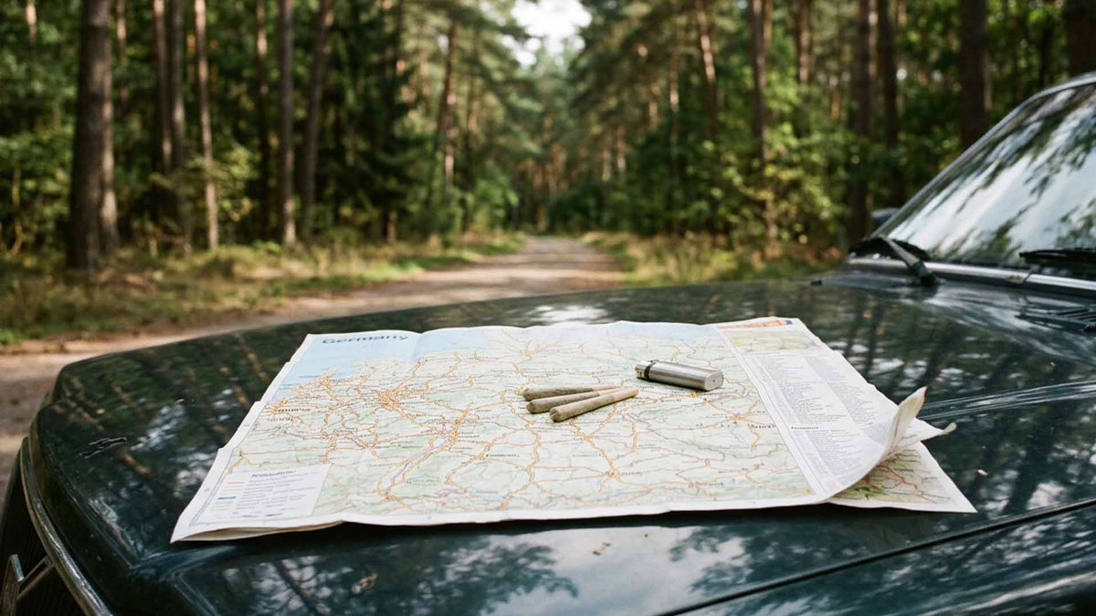 paper map of germany with a lighter and Nine Realms pre-rolls on it, in the forest, on a car
