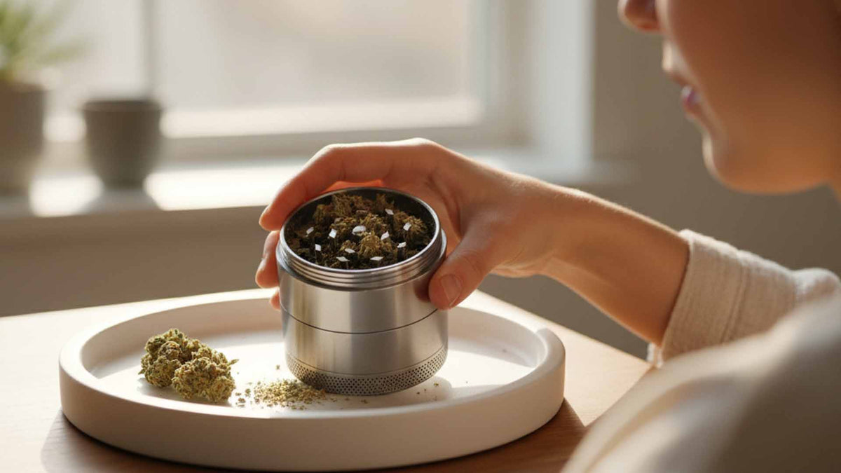 Woman grinding Nine Realms T9HC flowers in a grinder