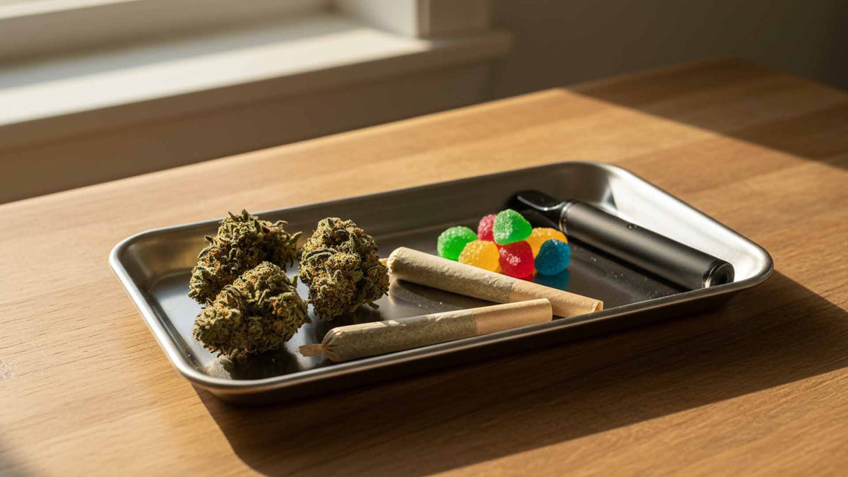 Different Nine Realms T9HC products on a metal rolling tray in the living room