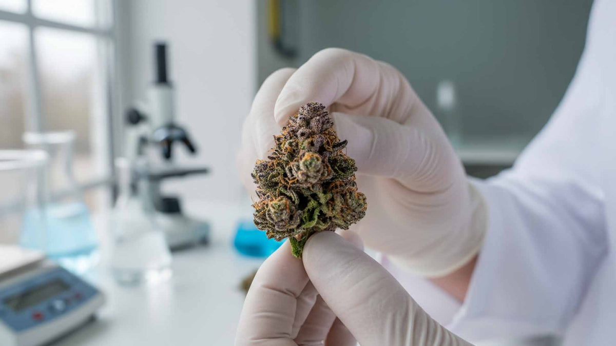 a scientist holding Nine Realms T9HC flower bud in his hands in the laboratory