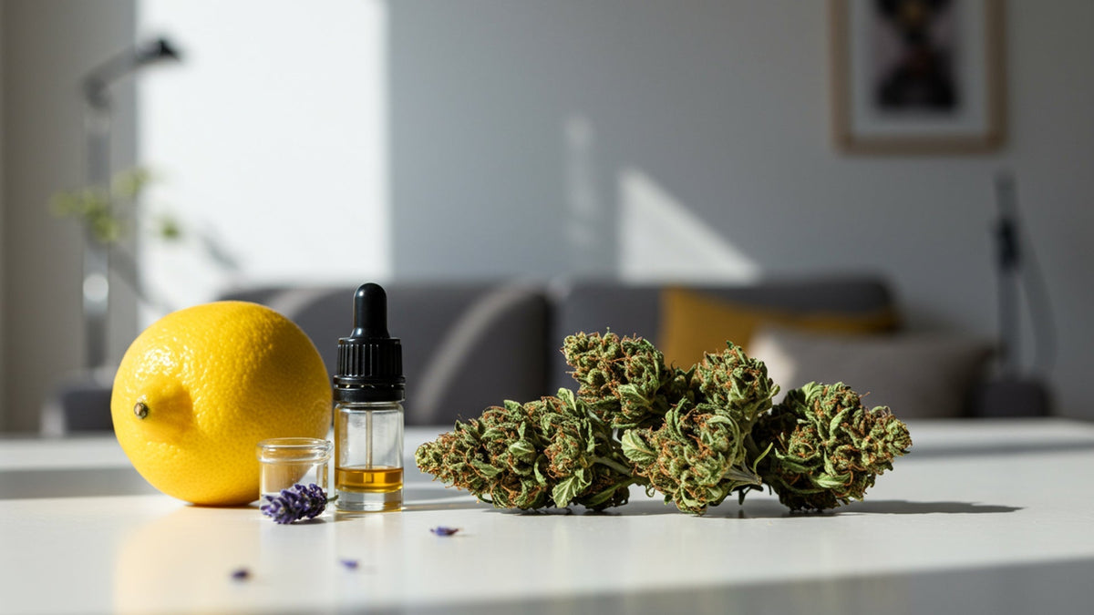 Nine realms cannabis flower bud on the desk with lemon, lavender, and terpenes next to it, in the living room.
