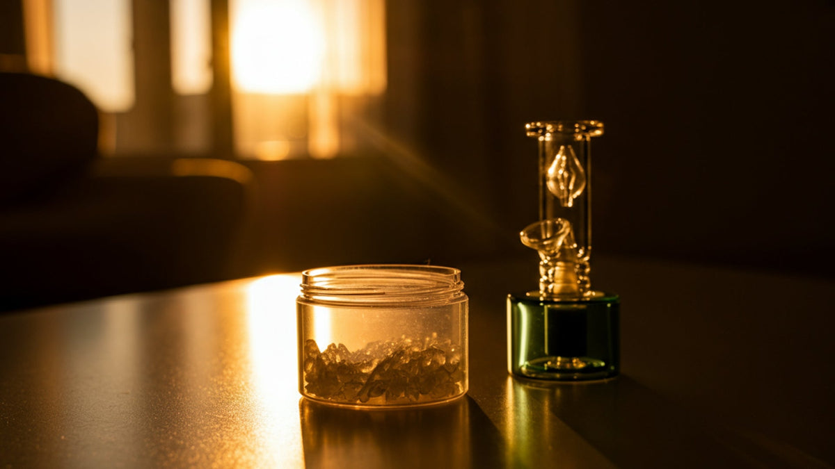 nine realms THC crystals sitting on a table with a dab rig next to them