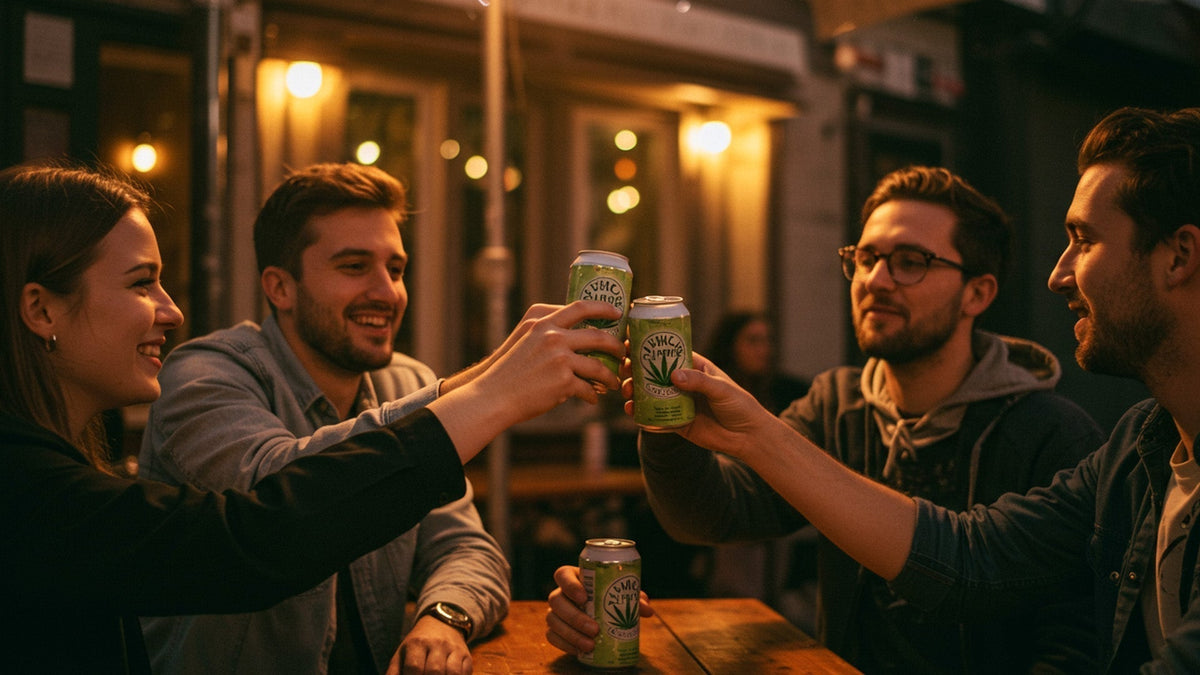 Group if nine realms customers enjoying THC drinks in public